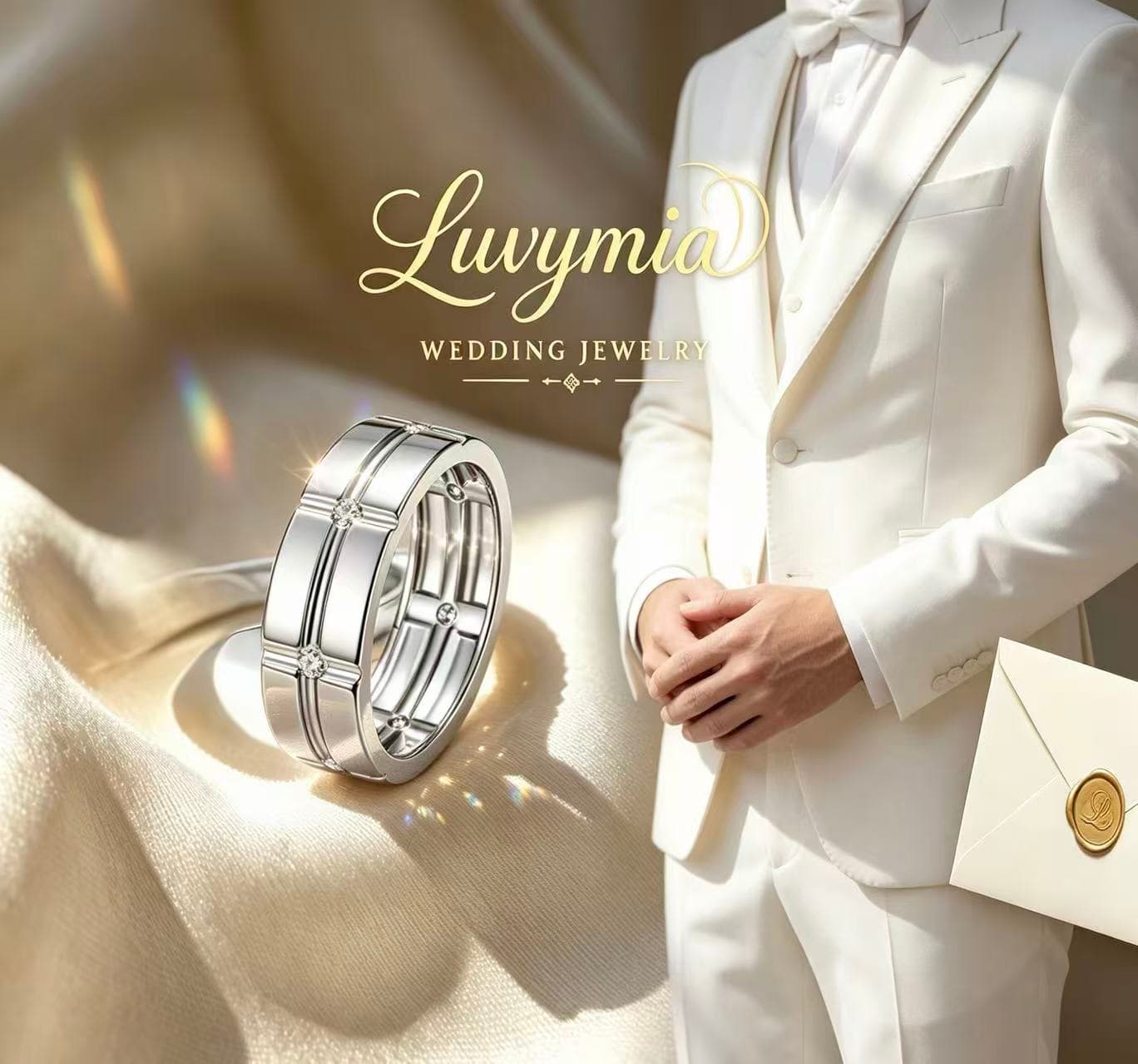 Wide silver men's wedding band with a geometric grid pattern and seven flush-set moissanite stones.