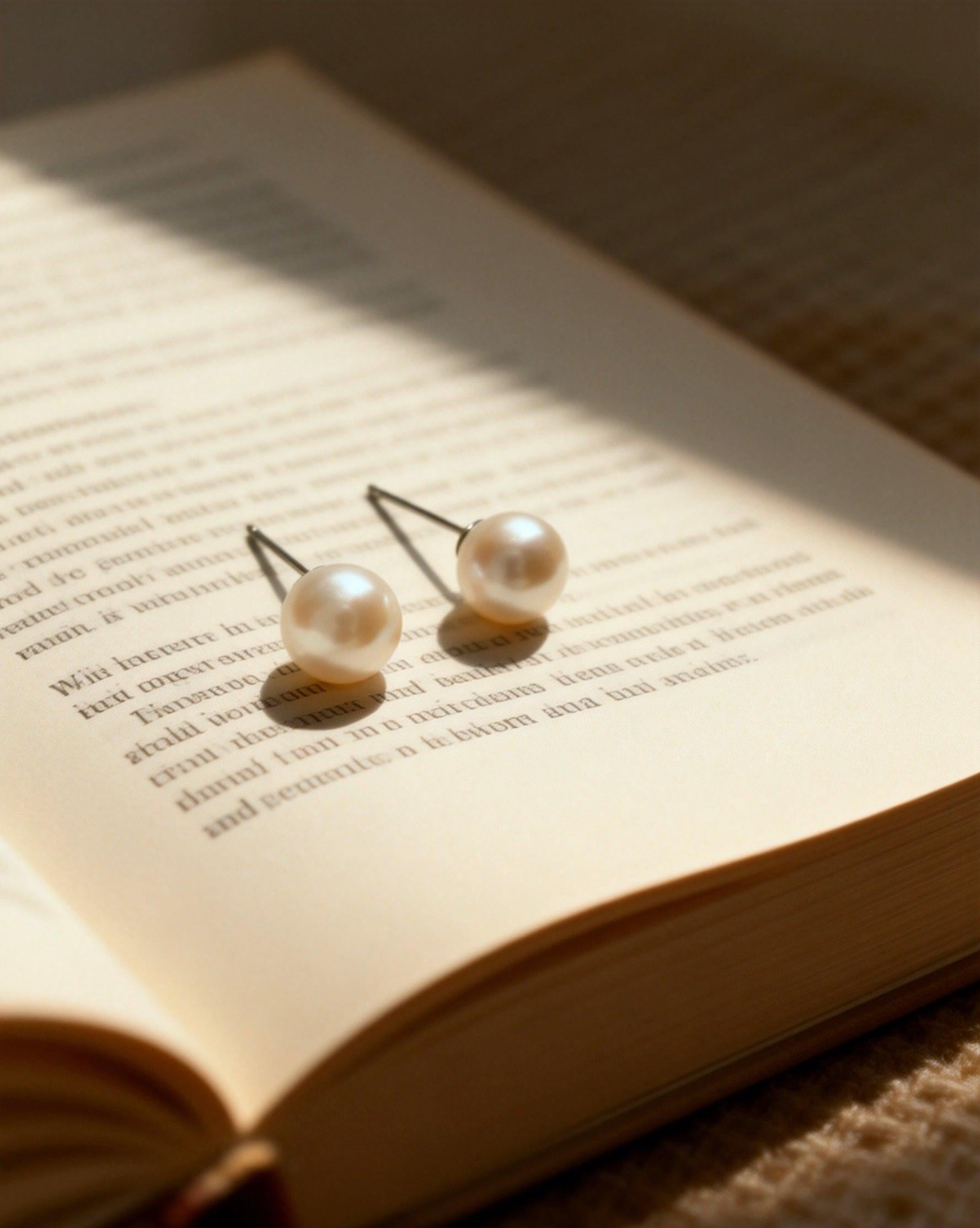 7mm round white saltwater pearl stud earrings with sterling silver posts resting on an open book.