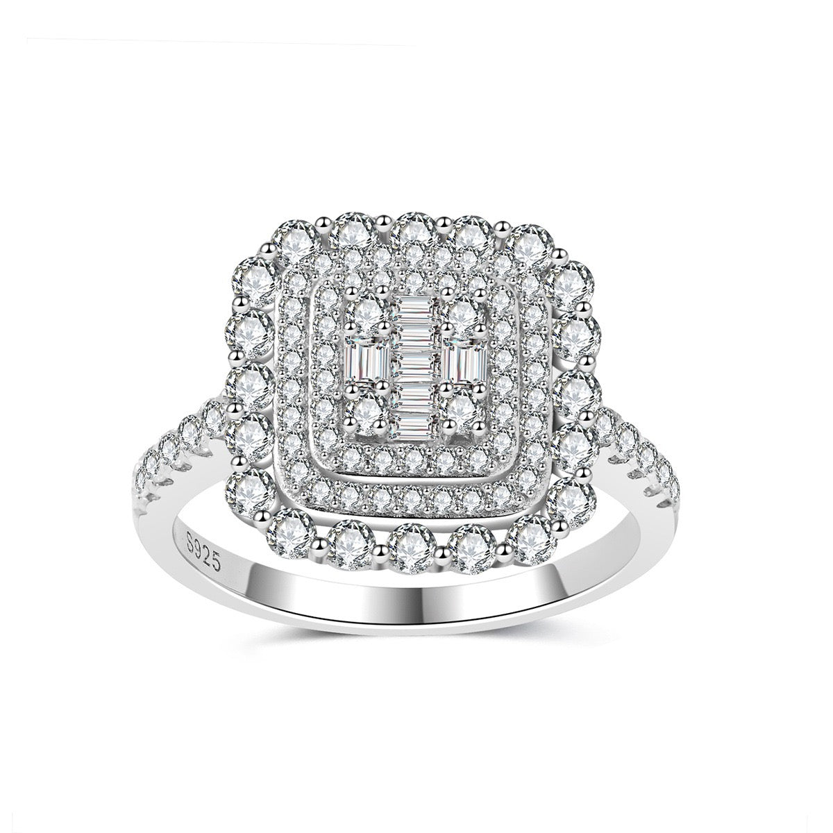 Square double halo moissanite ring in S925 silver with a baguette cluster center and pavé band.