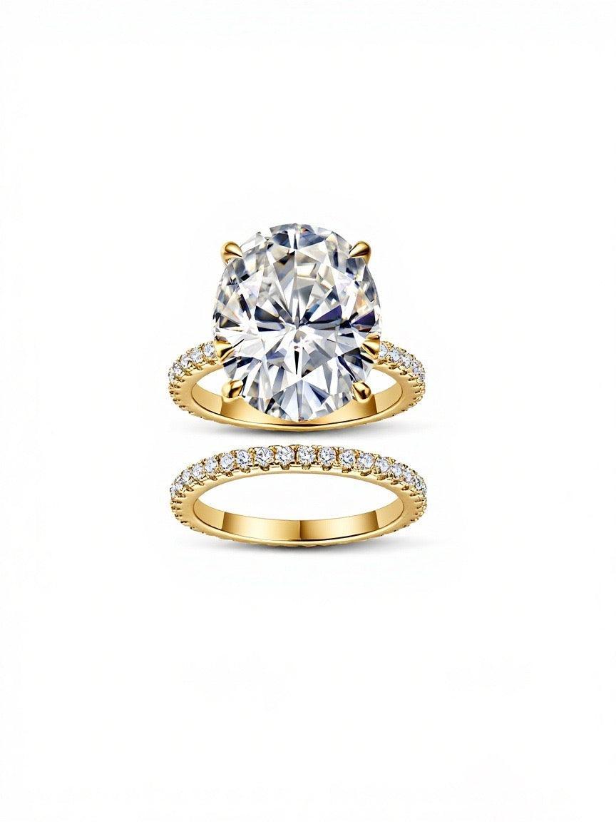 Gold bridal set with a 12x16mm oval moissanite engagement ring and a pavé eternity band in S925 silver.