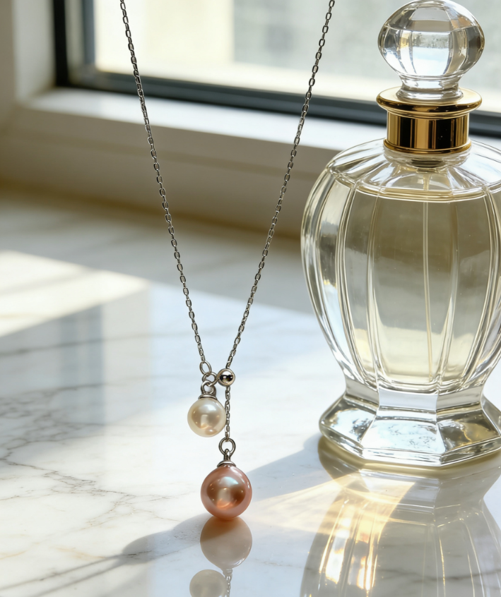 Double pearl pendant necklace with 6-7mm peach pink and 4-5mm white freshwater pearls on a 925 sterling silver chain.