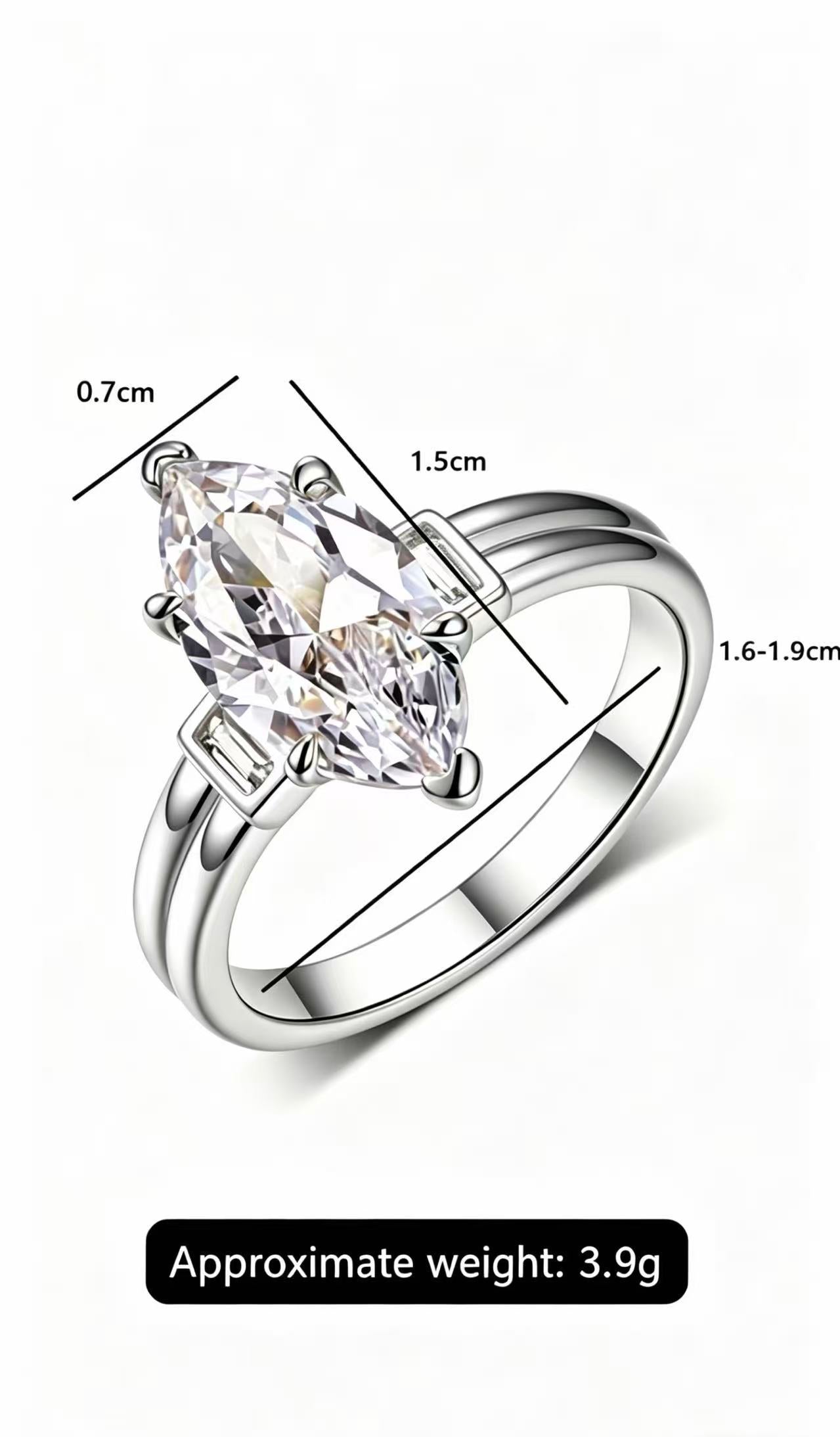 3.0ct marquise-cut moissanite trinity ring in S925 sterling silver with baguette side stones and dimension labels.