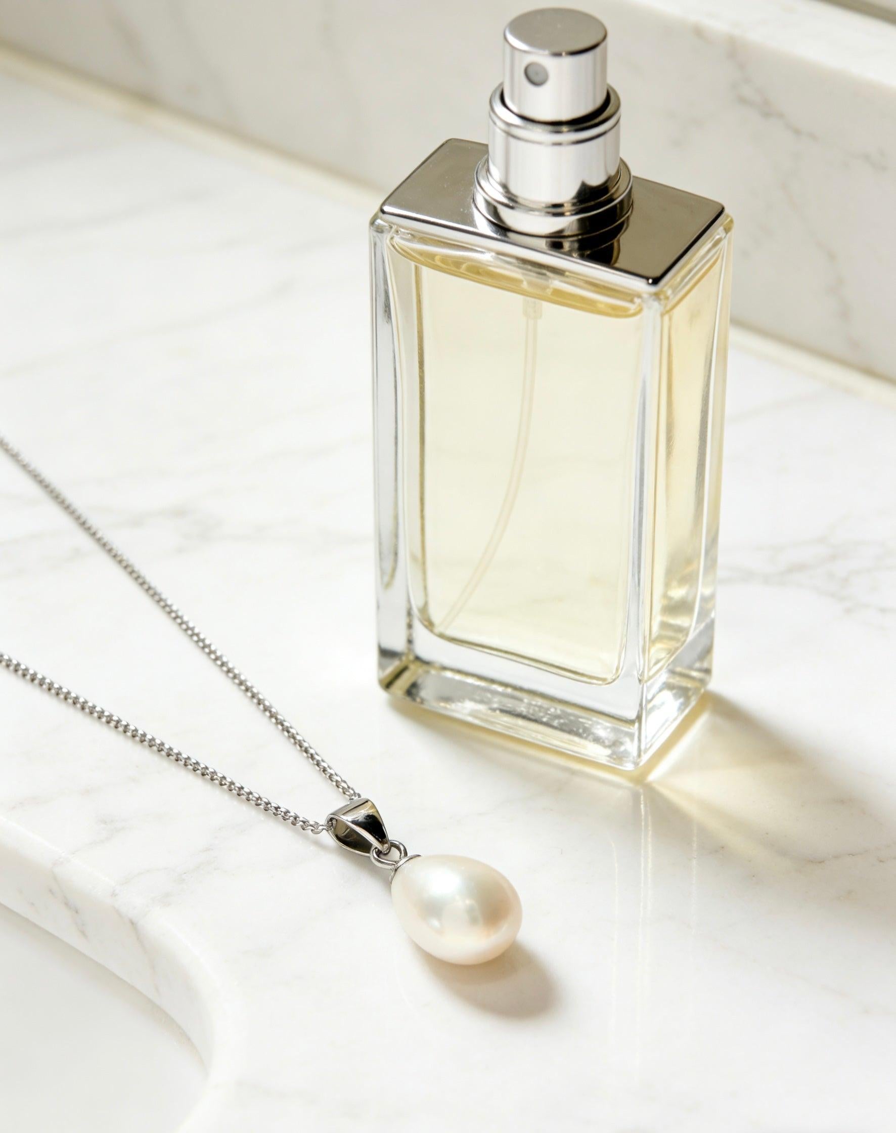 Baroque freshwater pearl pendant on a 925 sterling silver chain next to a glass perfume bottle on a marble surface.