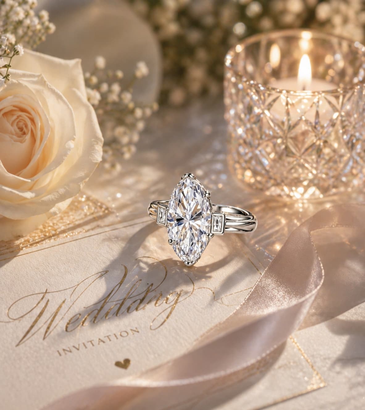 3.0ct marquise-cut moissanite trinity engagement ring in sterling silver on a wedding invitation.