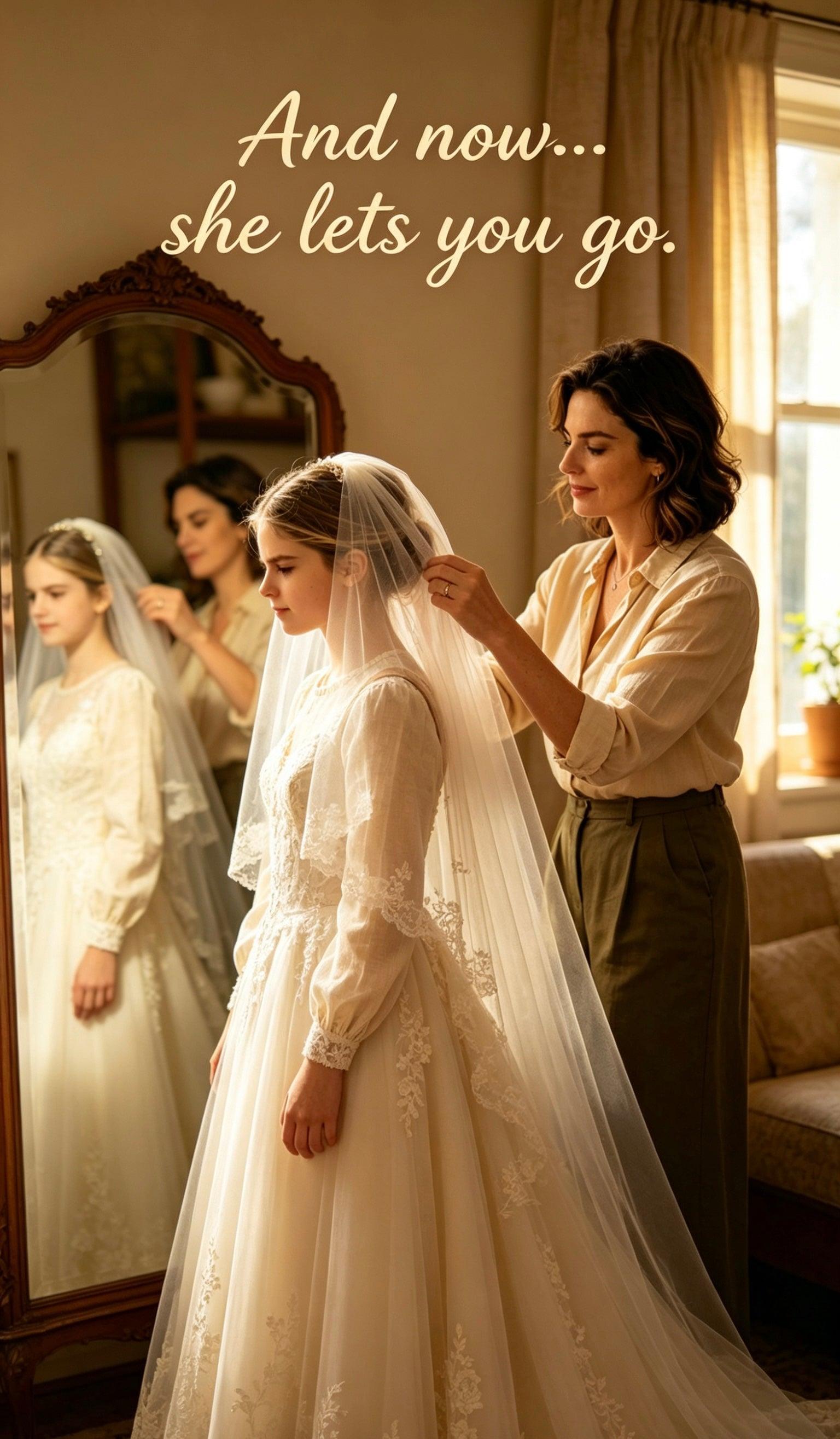 Mother adjusting a veil on her daughter wearing a white lace wedding dress in front of a mirror.