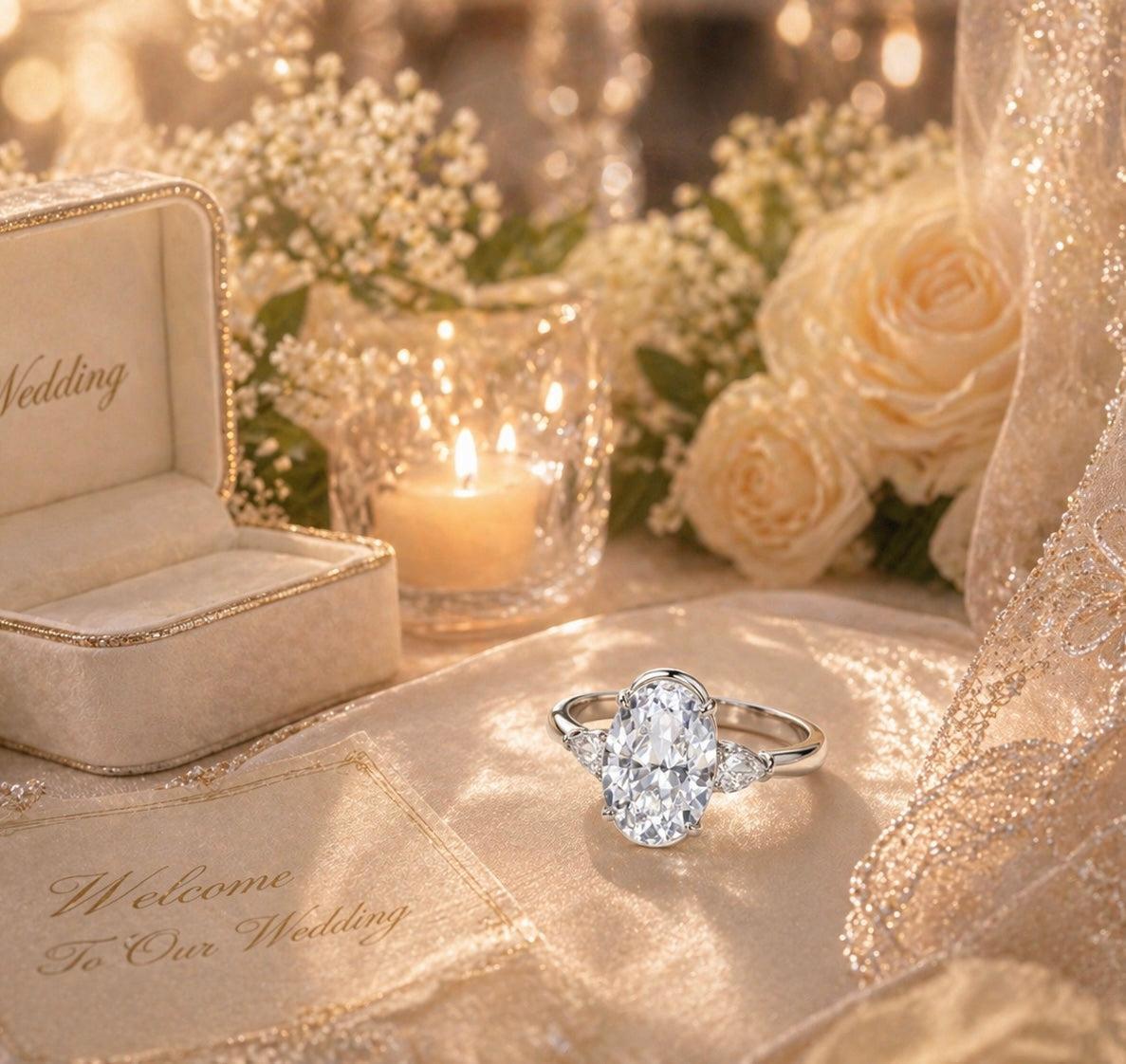 Oval moissanite three-stone ring in S925 silver with pear-cut side stones, displayed on a wedding table setting.