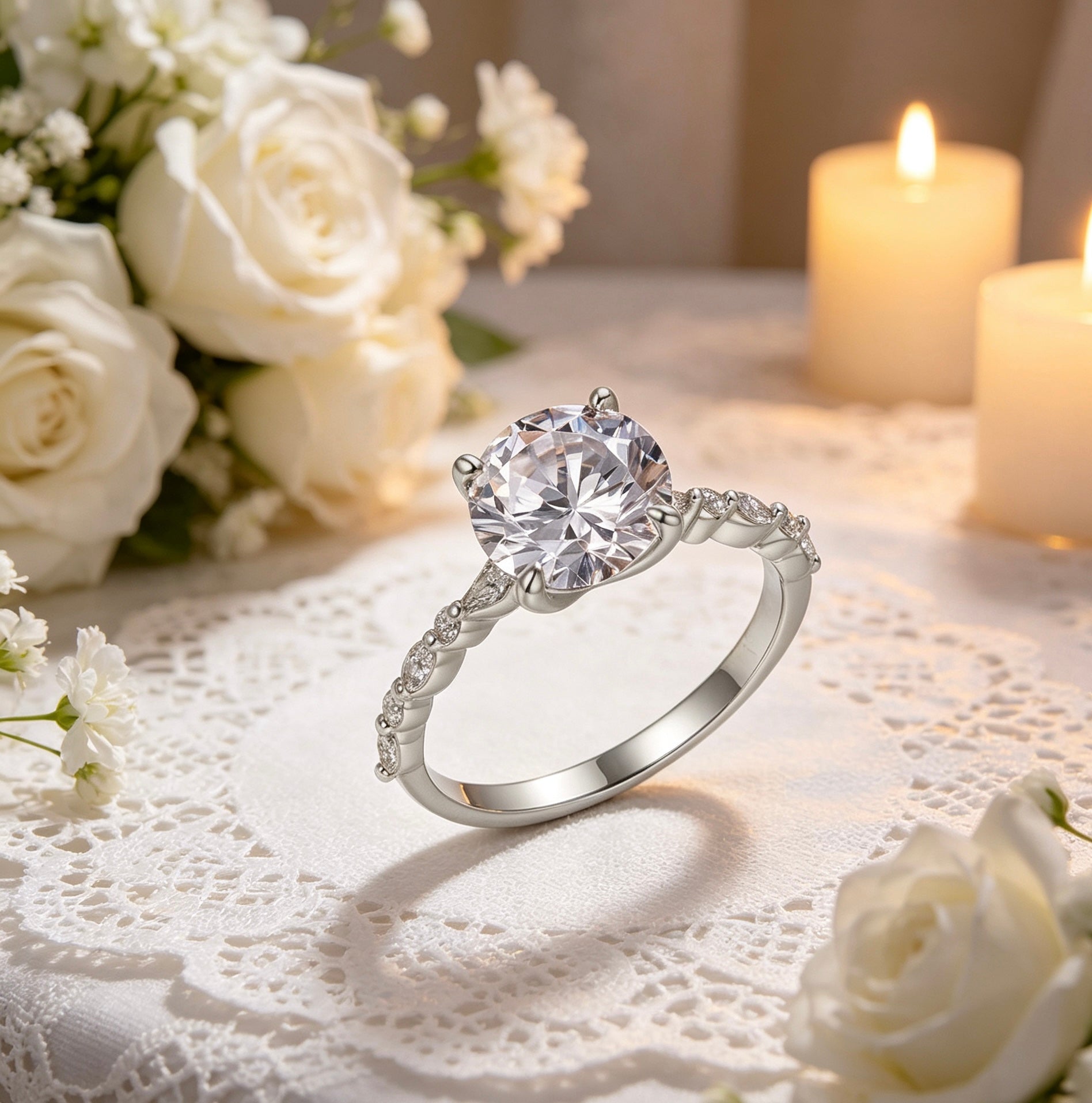 9mm round moissanite ring in S925 silver with marquise-cut accent stones on a delicate band, set against white roses.