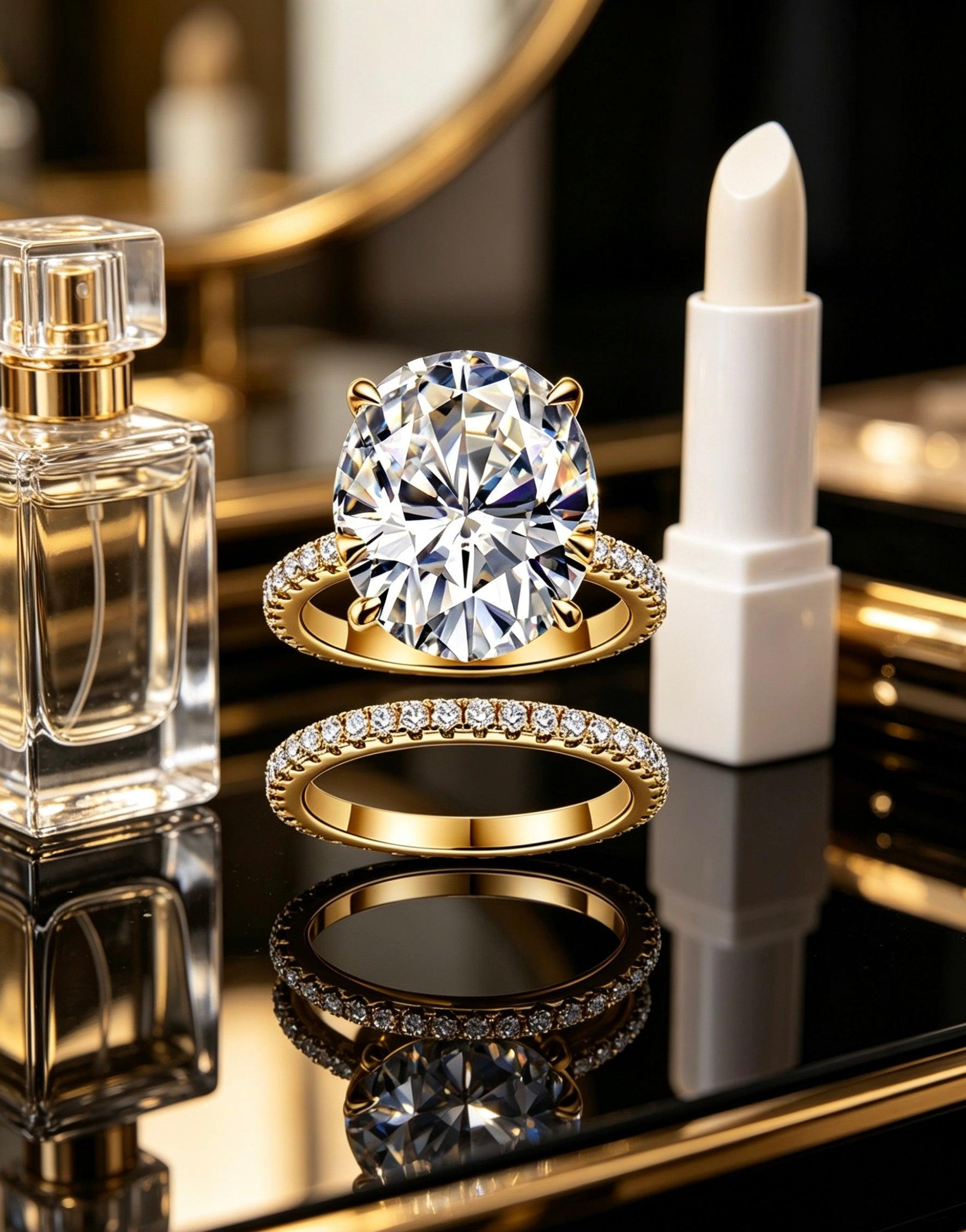 Large 12x16mm oval moissanite engagement ring and pavé eternity band in gold-plated S925 silver on a reflective surface.